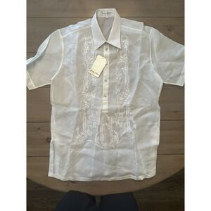 Barong Filipino Shirt‎ Mens XL Jusi Raw Silk Embroidered Short Sleeve Formal